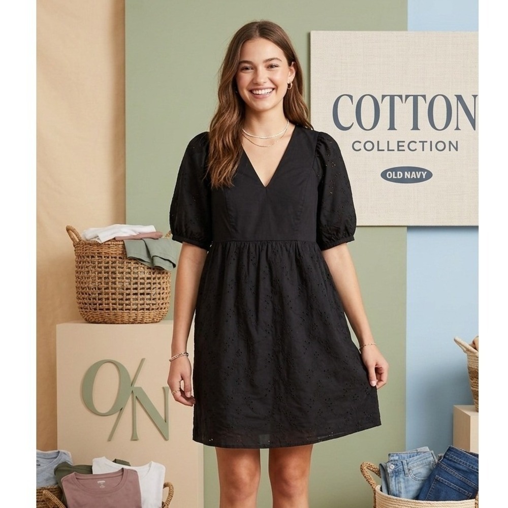 Old Navy Black Eyelet Cotton Puff Sleeve V-Neck Mini Dress M